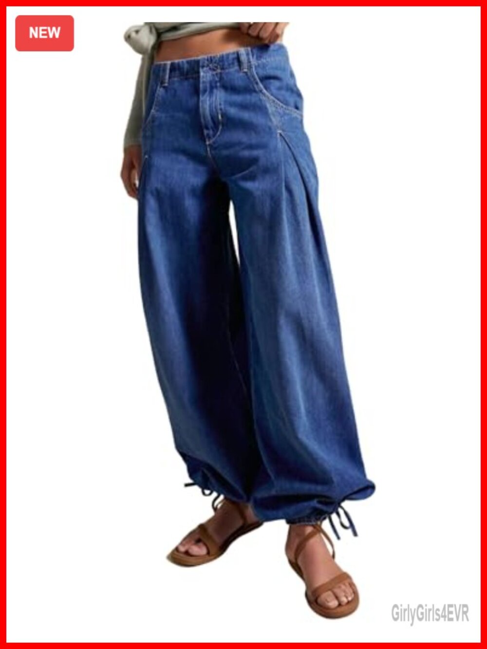 Women Mid Rise Wide Leg Barrel Jeans Pleated Drawstring Ankle Denim Pants